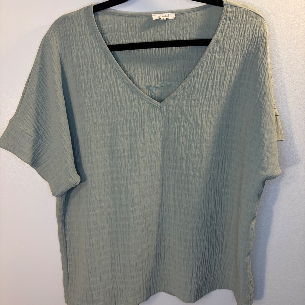 la miel Blouse V-Neck Crinkle Gauze Coastal Boho Earthy Casual Chic Women Size S